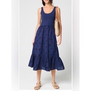 J Crew Factory Eyelet mixed-media midi dress ruffle lined navy blue Size XL NWOT
